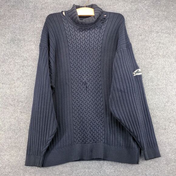 Marc Buchanan Pelle Pelle Turtleneck Sweater Mens Size XL Blue Distressed Logo - Picture 2 of 15